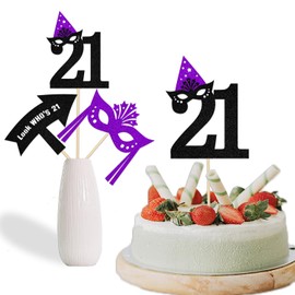 12Pcs Masquerade 21st Birthday Centerpiece Sticks, Masquerade Masks Party Decoration, Funny 21st Birthday Decoration, Mask Theme Birthday Bachelorette Party Supplies Purple Black Glitter