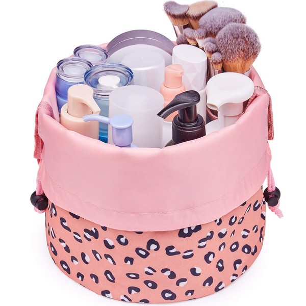Barrel Drawstring Makeup Bag Travel Cosmetic Bag Large Toiletry Organizer Waterproof for Women and Girls (Large, Leopard)