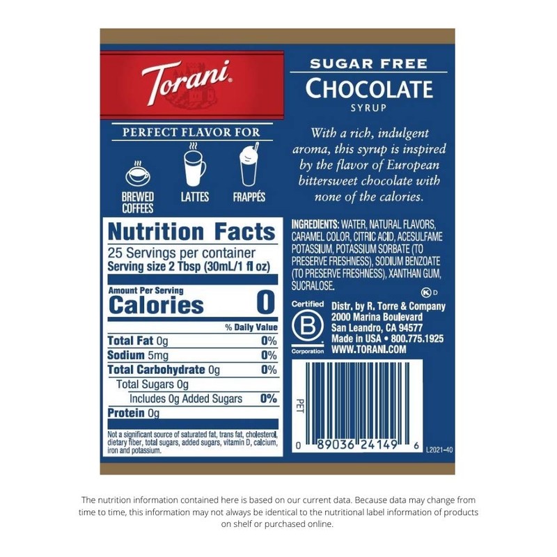Torani Sugar Free Syrup, Chocolate, 25.4 Ounces (Pack of 4)