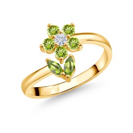 Gem Stone King 18K Yellow Gold Plated Silver Green Peridot and White Moissanite Flower Open Ring For Women (0.59 Cttw, Gemstone August Birthstone, Available In Size 5, 6, 7, 8, 9)