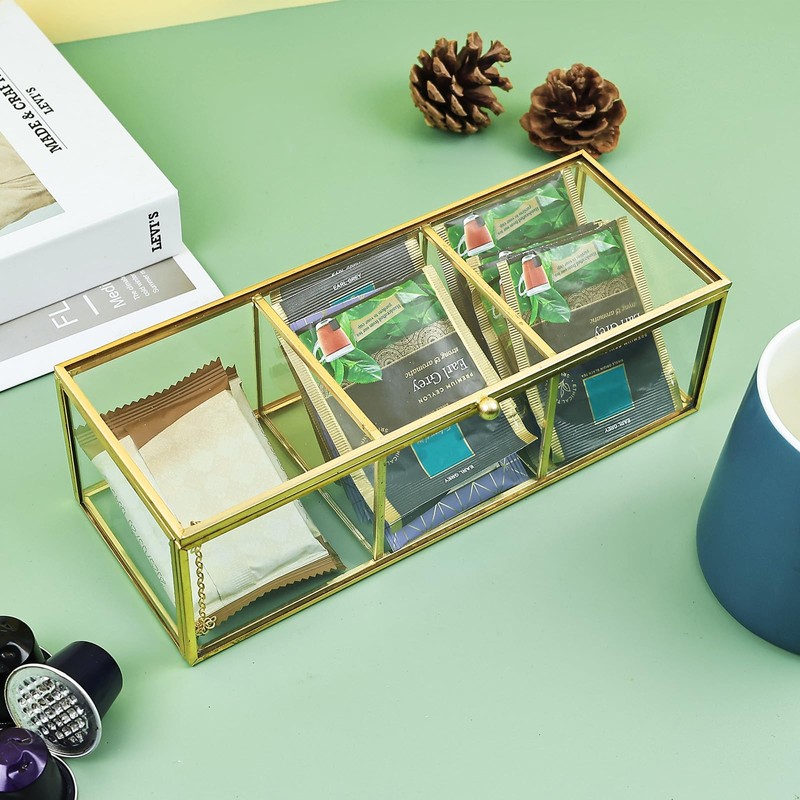 HighFree Gold Glass Tea Bags Box with 3 Compartments, Countertop