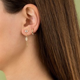 Blue Evil Eye Protection Hamsa Hand of Fatima Ear Jacket Dangle Drop Earrings for Women 925 Sterling Silver Post Pin Delicate Fashion Statement Sparkling Cubic Zircon Crystal Stud Dainty Protection Lucky Jewelry Gifts Daughter Friendship Birthday BFF (Go