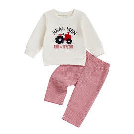 Liyabanna Infant Toddler Baby Boy Farm Outfit Tractor&Funny Letters Embroidery Sweatshirt Tops Plaid Pants Set Fall Winter Clothes 2Pcs (Red, 12-18 Months)