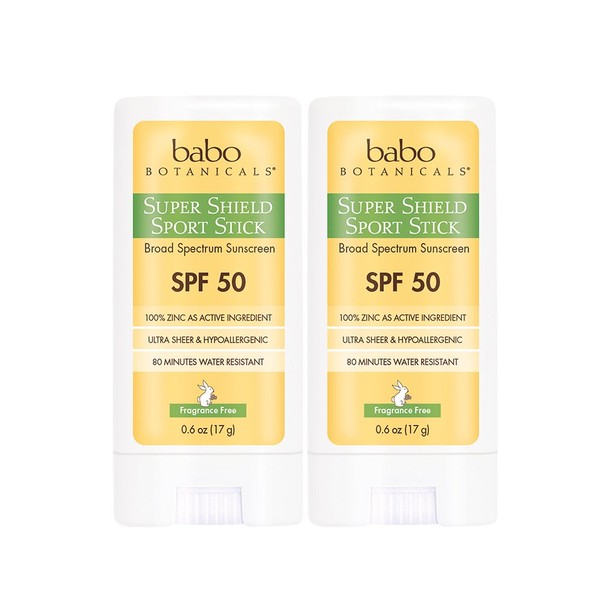 Babo Botanicals Super Shield Zinc Sport Stick Sunscreen SPF 50 with Soothing Organic Ingredients, Unscented, 1.2 Ounce (Pack of 2)