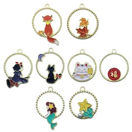Crymystal 8Pieces Assorted Gold Plated Enamel Cat Girls Pendant Leaf Mermaid Pendant DIY for Earrings Necklace Bracelet Jewelry Making and Crafting Supplies