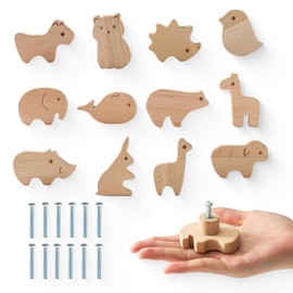 Youuys - Tiradores de madera para cajones de animales, pomos decorativos de animales salvajes con tornillos para armarios y muebles (12 juegos)