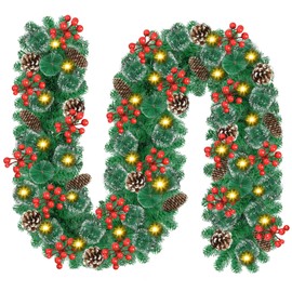 Christmas Garland with Lights, 9ft 30LED Battery Operated Garland Decorated with Pine Cones, Berry, Artificial Snowy Pine, Indoor & Outdoor Xmas Garland for Stairs Fireplace Door Fences
