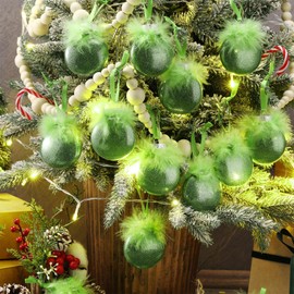 Hollowfly 12 Pcs Christmas Flat Ball Ornaments DIY Lime Green Christmas Ornaments with Fuzzy Green Hair Glitter Plastic Xmas Ornaments with 2 Pcs Dry Erase Markers for Xmas Tree Home Decor Craft