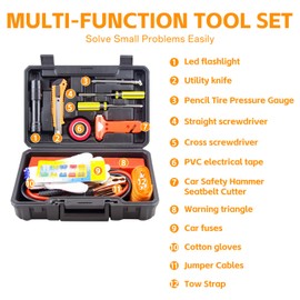 slrongpowlr Roadside Emergency Safety Car Kit for Vehicles with Jumper Cables (Upgraded), Reflective Warning, Tow Strap, Tool Kit