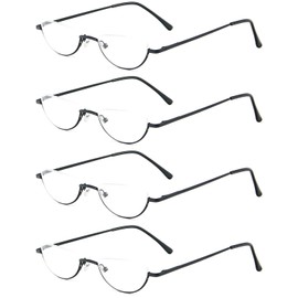 REAVEE 4 Pack Retro Designer Alloy Half Moon Reading Glasses Women Men Half Frame Spring Hinge Stylish Slim Reader with Pouch,Black 1.0
