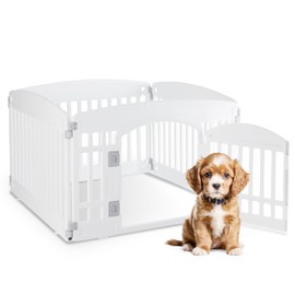 HealSmart 4 Panel Dog Playpen, 24” Exercise Puppy Playpen with Door, Safe, Secure, Folding & Portable Pet Playpen for Indoor & Outdoor Use, Suitable for Puppies and Small, White