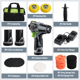 WORKPRO 12V Cordless Polisher, 3" Mini Car Detailing Buffer & Sander Machine Kit with 2 Li-Ion Batteries, Variable Speed Trigger for Auto/DIY Polishing/Sanding/Waxing