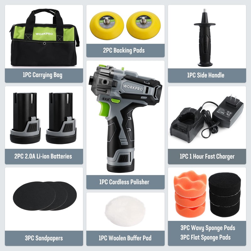 WORKPRO 12V Cordless Polisher, 3" Mini Car Detailing Buffer &