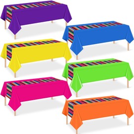 6 Pcs Mexican Fiesta Plastic Tablecloth, Rectangle Disposable Table Cloth Striped Table Cover for Cinco De Mayo Taco Night Fiesta Party Decoration, Mexican Wedding Birthday Home Decor, 108 x 54 Inch