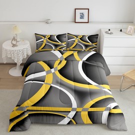 Retro Circle Geometry Comforter Set Queen Size Yellow Gray Black Bedding Set for Kids Boys Girls Bedroom Decoration Stripe Line Art Bed Duvet Insert Geometric Modern Comforter with 2 Pillowcase