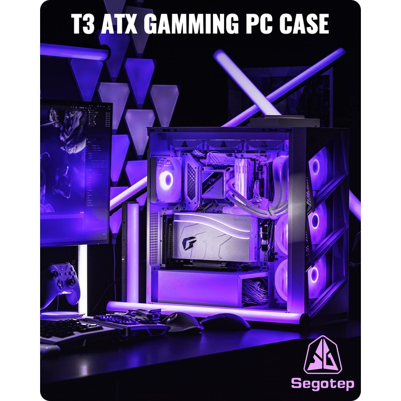 Segotep T3 White Mid-Tower ATX Gaming PC Case, Support Top