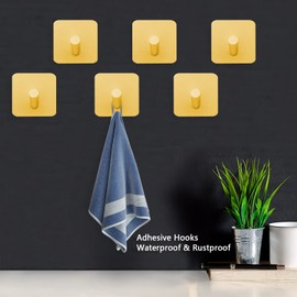 PMMASTO Self-Adhesive Towel Hooks - Sticky Heavy Duty Wall Robe Coat Hook for Hanging- Shower Hooks (Gold, “/ ”Shape 6PC)