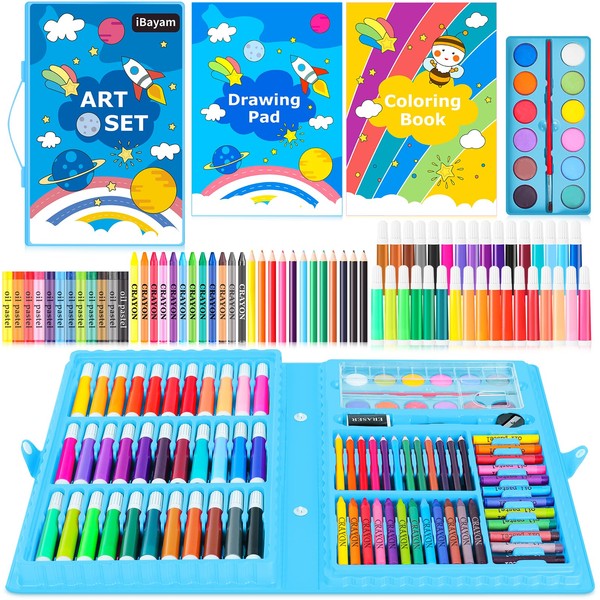 iBayam Art Supplies, 149-Pack Drawing Kit Painting Art Set Art Kits Gifts Box, Arts and Crafts for Kids Girls Boys, with Drawing Pad, Coloring Book, Crayons, Pastels, Pencils, Watercolor Pens (Blue)