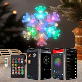 Snowflake Christmas Tree Topper, 9" Smart Christmas Star Tree Topper with App Control, Music Sync RGB Color Changing Christmas Twinkly Lights for Indoor Home Xmas Tree Decorations