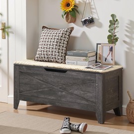 VECELO 43.3" Storage Bench, Entryway Shoe Ottoman, Farmhouse Style Bench with Handwoven Cushion and Metal Safety Hinges, for Bedroom, Living Room, Entryway, Gray