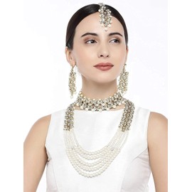 I Jewels Wedding Collection Faux Mother-of-Pearl and Kundan Choker & Long Mala Stylish Party Wear Jewelry Set with Earrings & Maang Tikka for Women (ML164WCO)