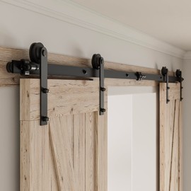 CCJH 12.6FT Sliding Barn Door Hardware Kit, Heavy Duty, Smoothly and Silently, Easy to Install, Fit 37.8" Width Double Door Panel, I Shaped Hangers Black