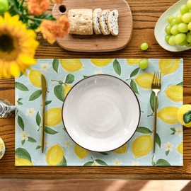 Artoid Mode Blue Lemon Flower Floral Summer Placemats Set of 4,12x18 Inch Seasonal Spring Table Mats for Party Kitchen Dining Decoration
