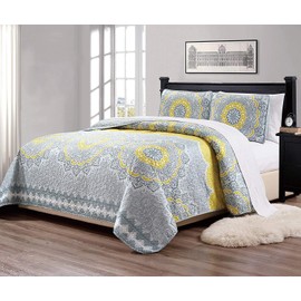 Linen Plus King/California King 3pc Over Size Quilted Bedspread Floral Medallion Yellow Coastal Plain/Gray Green New