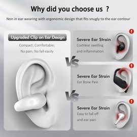 Open Ear Clip on Headphones, Wireless Earbuds Bluetooth 5.3 Sport Earphones Built-in Mic with Ear Hooks 36H Playtime Ear Buds LED Display Charging Case, Waterproof Design for Running Fitness, White