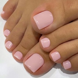 24 Pcs Solid Pink Press on Toenails Short Square - Summer Fake Toe Nails Press ons Gel X Nail Art Tips Design Full Cover Acrylic Toe Nails with Nail File Cute Stick Jelly Glue on Nails Kit for Women