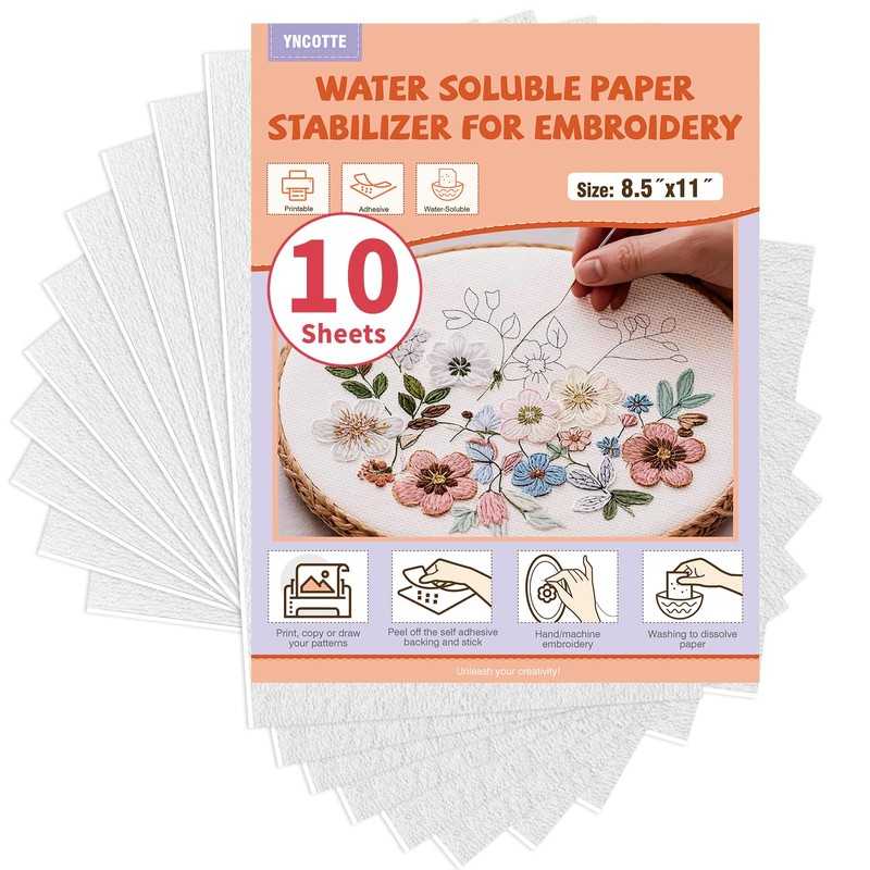 Embroidery Paper Wash Away 8.5x11 Inch, 10 Sheets Dissolvable Embroidery