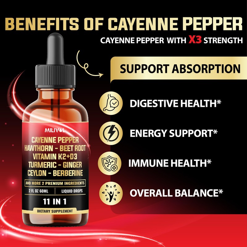 MILIVOL 11in1 Cayenne Pepper Liquid Drops with Hawthorn Berry, Beet