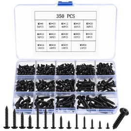 350 Pcs M3 M4 M5 Black Self Tapping Screws for Wood Screws Assortment Set, Self-tapping Hex Socket Button Head Cap Screws, Pan Head Decking Screws for Furniture Drywall Chipboard Screws