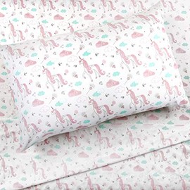 Kids Rule 3-Piece Pink Sketch Unicorn Sheet Set | 1 Twin Flat Sheet, 1 Twin Fitted Sheet & 1 Queen Pillowcase | 100% Softly Brushed Microfiber Polyester | Soft, Smooth & Durable | Ideal for Kids