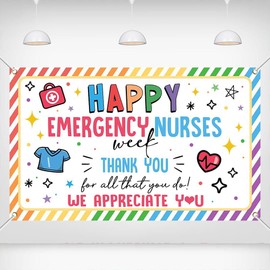 Printspree Banner 70.8x43.3 Inch - Happy Emergency Nurses Week Thank You Banner, Vibrant Rainbow Design with Medical Icons, Polyester Decorative Sign for Hospital Appreciation