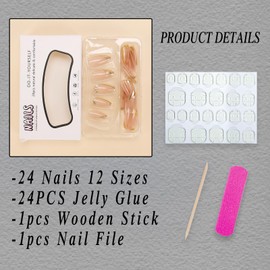 ROFIBUT Gold French Tip Press on Nails Medium Almond Fake Nails with Pearl Designs 3D Gold Edge False Nails Glossy Nude Glue on Nails Acrylic Nails Reusable Stick on Nails for Women Manicure 24Pcs
