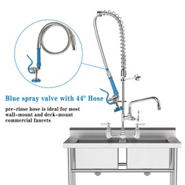 TCEUMIK Pre Rinse Hose with Blue Spray valve 44 inch Flexible Stainless Steel Hose 1.42 GPM Commercial Dish Sprayer with Ergonomic Handle for Restaurant Industrial Kitchen Sink Faucet