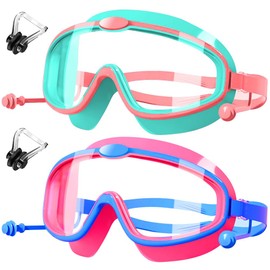HINATAA Children's Swimming Goggles, Anti-Fog Swimming Goggles with Nose Clip, Swimming Goggles with Integrated Earplugs, Diving Goggles for Boys Girls 3-8 Years, UV Protection, No Leak (Green + Red)