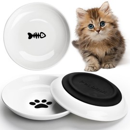 Swetwiny Ceramic Cat Bowl Food Bowl,Porcelain Anti Whisker Fatigue Cat Bowl,Nonslip Silicone Bottom, Wide Kitten Plates for Food and Water Pack of 3