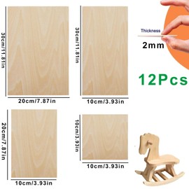 Balsa Wood Sheets - 12pcs Plywood Sheets Unfinished Blank Thin Wooden Board Sheets, 4 Sizes Plywood Boards for DIY Woodcraft, Painting, Engraved, Model Making, Pyrography, Wood Burning