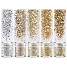 Kingsie Glitter Containers Glitter Nail Parts Nail Art Glitter Glitter Glitter Glitter Glitter Glitter Powder Face Body Hair Decoration Christmas Party Set of 5 (Gold Set of 5)