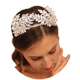 YERTTER Vintage Wedding Leaf Tiara Hair Crown Handmade Bride Hair Band Bridal Greek Goddess Pearl Head Pieces for Wedding Prom Birthday Party, Pearl