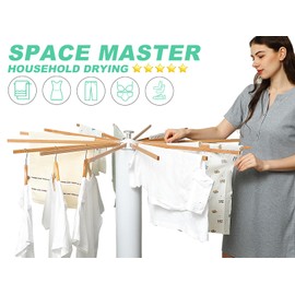 SKIKEN Octopus Tripod Drying Rack | Standing Cylinder Drying Rack Clothing | Space Saving Master | 16 Expandable Rods | Solid Wood | Collapsible and Hidden | Portable for Home/RV, Laundry Room