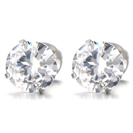 1 Pair 8MM Mens Ladies White Cubic Zirconia Stud Earrings Stainless Steel Screw Back Post