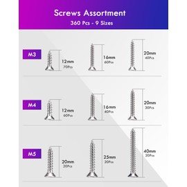 ANVINKU Stainless Steel Screws, 360 PCS Self Tapping Screws, M3/M4/M5 Countersunk Wood Screws Assortment, 304 Stainless Steel Self Tapping Screws, Assorted Wood Screws For Woodwork Indoor Outdoor