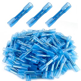 Heat Shrink Butt Wire Connectors, 100Pcs 16-14 AWG Blue Insulated Waterproof Electrical Crimp Wire Splice for Truck, Automobile, Boat, Marine, Cable, Wiring