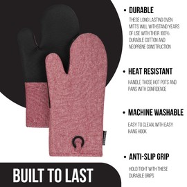 Frigidaire Sasha Cotton and Neoprene Oven Mitts, Heat Resistant, Anti-Slip, Machine Washable,13”x7”,Red,Set of 2