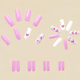 Valentine's Day Press on Nails Medium Square Fake Nails with Pink Heart Design Glossy Solid Color False Nails Full Cover Stick on Nails Acrylic Artificial Nails Glue on Nails for Women Girls 24Pcs