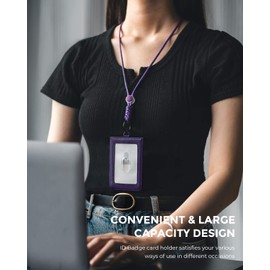 VULKIT ID Badge Holder with Lanyard for Women and Men Vertical Leather Badge Holder with Clear ID Window Card Holder Slot and Money Pocket