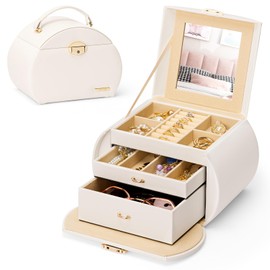 Homde Girls Jewelry Box Jewelry Storage Case Organizer with Mirror for Rings, Earrings, Bracelets, Necklaces (White + Gold)